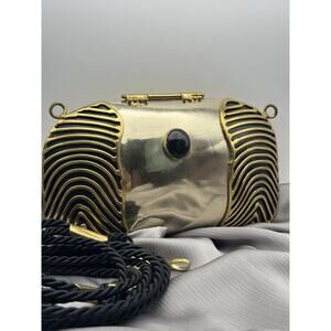 Vintage Oval Bag Golden Black Brass Onyx Stone Small Strap Black Nylon